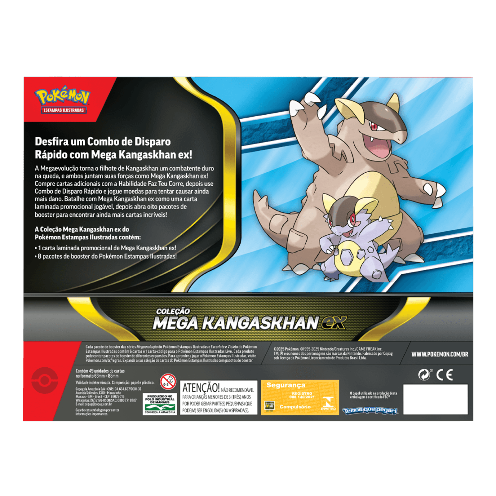Verso da Box Pokémon Mega Kangaskhan ex com descrição e conteúdo da coleção.