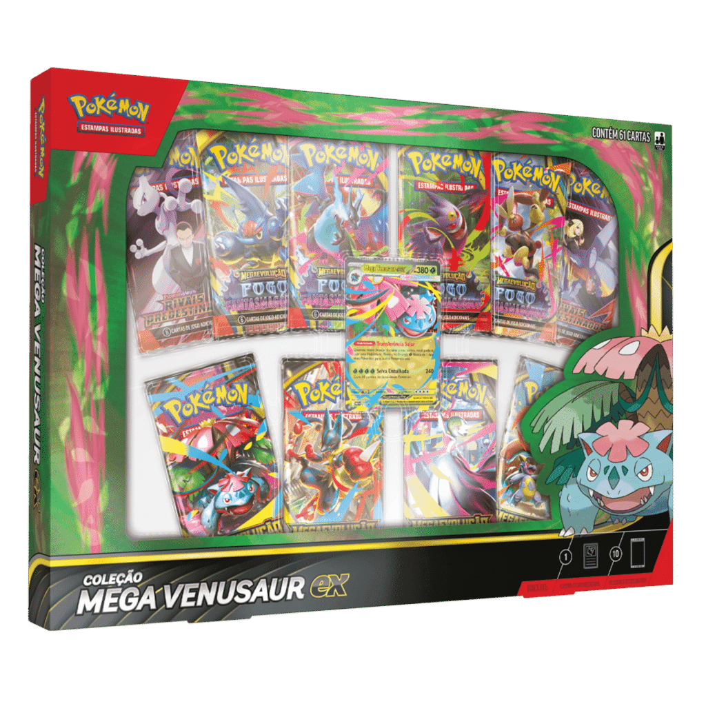 Box Pokémon Mega Venusaur ex com 10 boosters do Pokémon Estampas Ilustradas