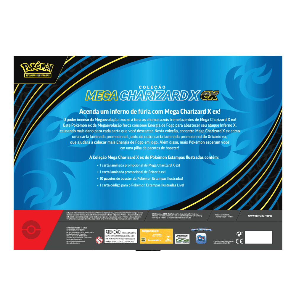 Verso da Box Pokémon Mega Charizard X Ex com descrição e conteúdo da coleção