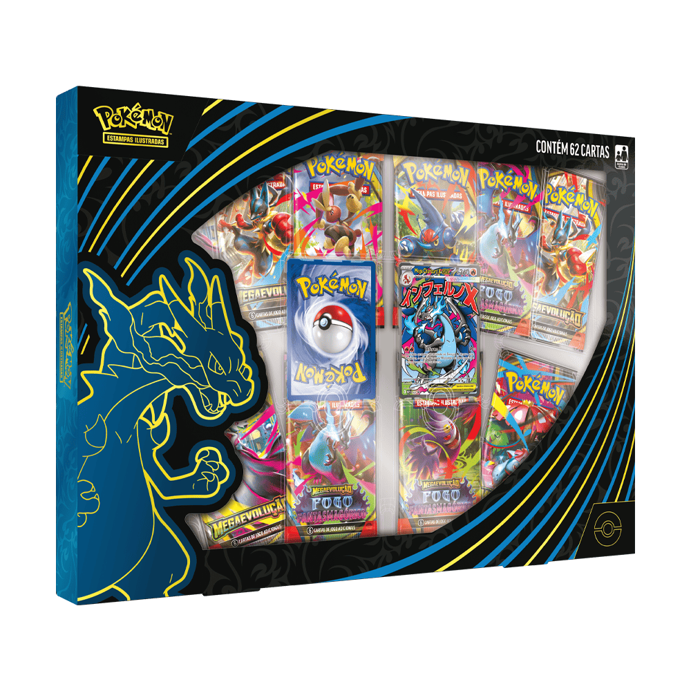 Box Pokémon Mega Charizard X Ex – 2 cartas promocionais e 10 boosters em português.