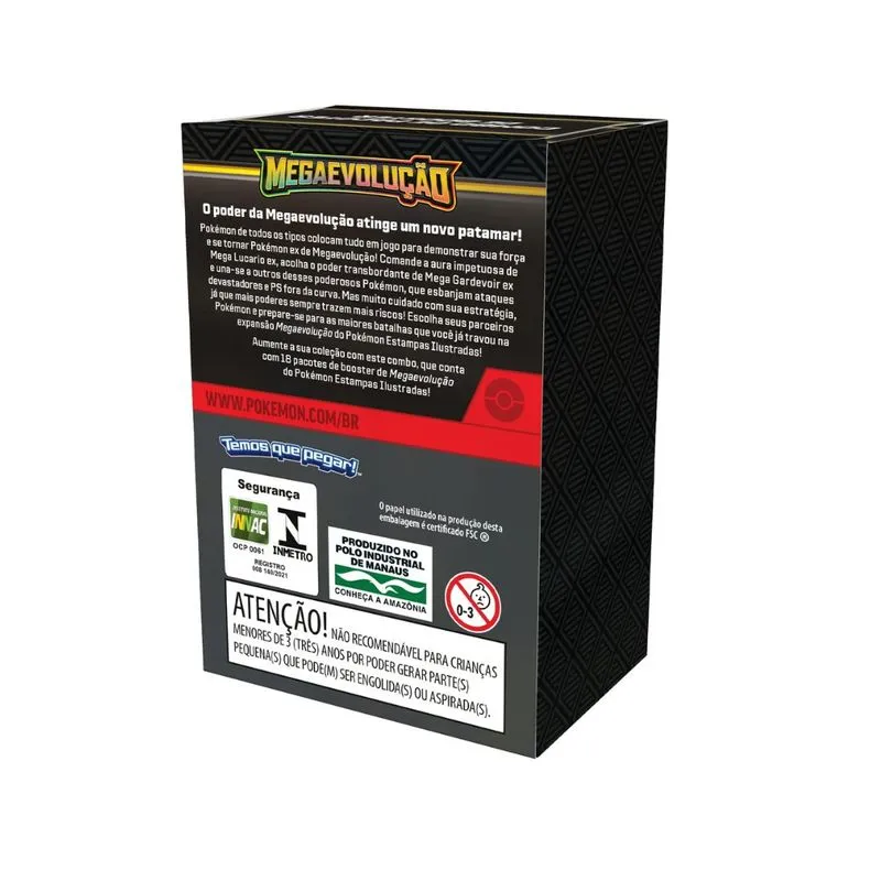 Verso da Booster Box Mega Evolução com informações do produto