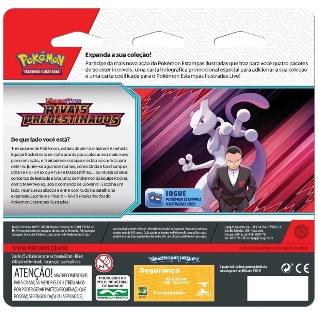 Verso do Blister Quádruplo Pokémon Rivais Predestinados PT-BR com conteúdo e informações da embalagem