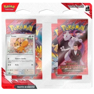 Frente do Blister Quádruplo Pokémon Rivais Predestinados PT-BR com 4 boosters do Pokémon Estampas Ilustradas