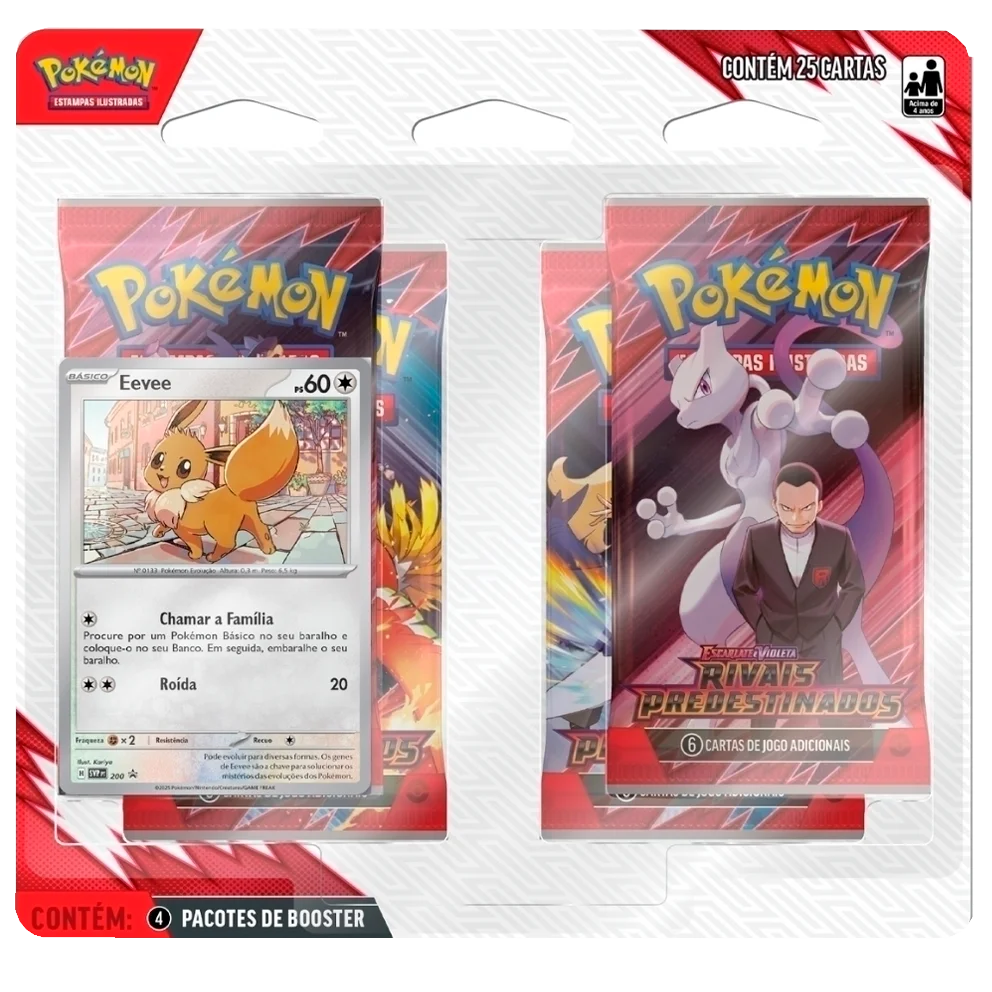 Frente do Blister Quádruplo Pokémon Rivais Predestinados PT-BR com 4 boosters do Pokémon Estampas Ilustradas