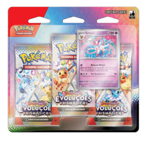 Frente do Blister Triplo Pokémon Evoluções Prismáticas.